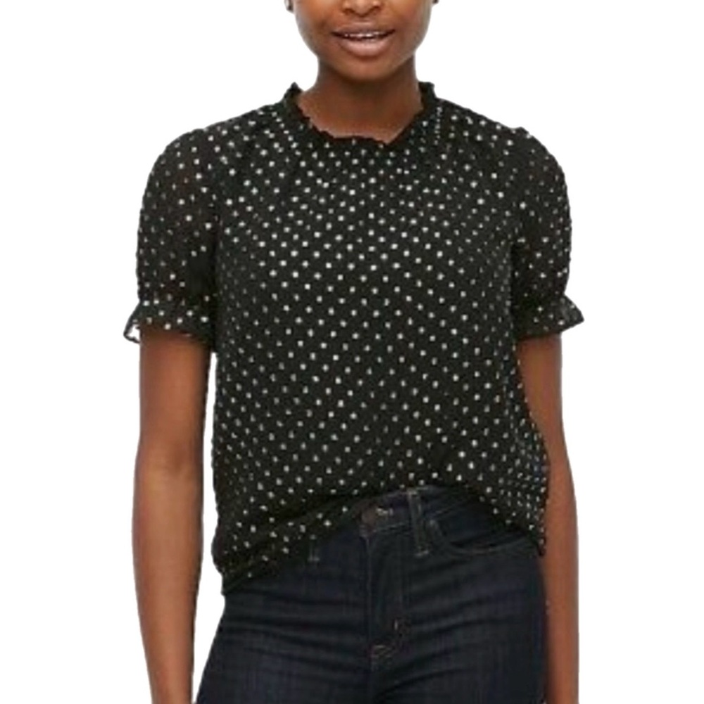 J. Crew Gold Metallic Polka Dots Short Sleeve Flowy Blouse Top Women’s Black M.